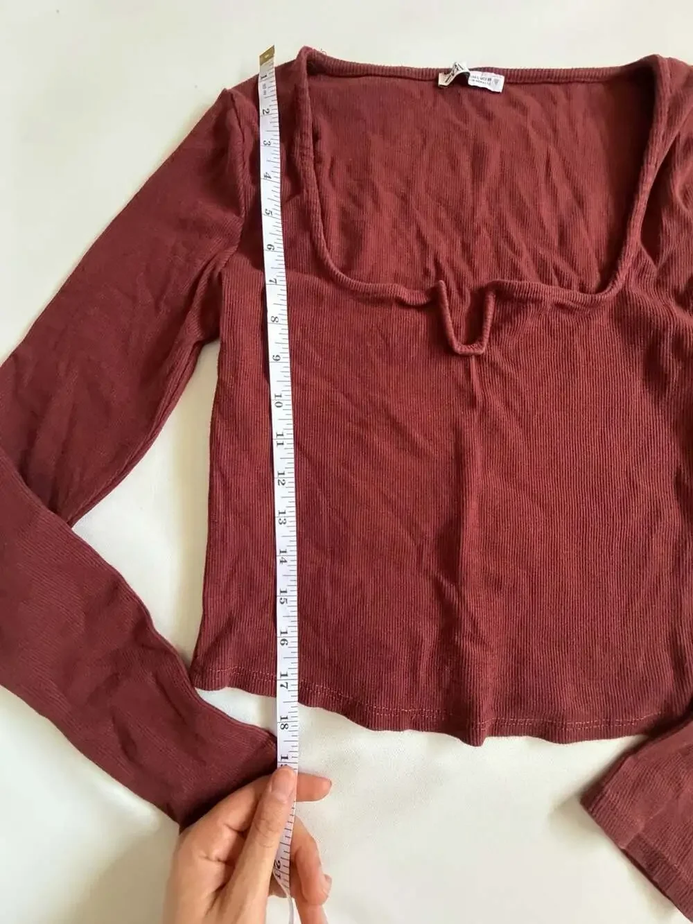 Zara Top L Burgundy Ribbed Square Neck Notch Long Sleeve Crop